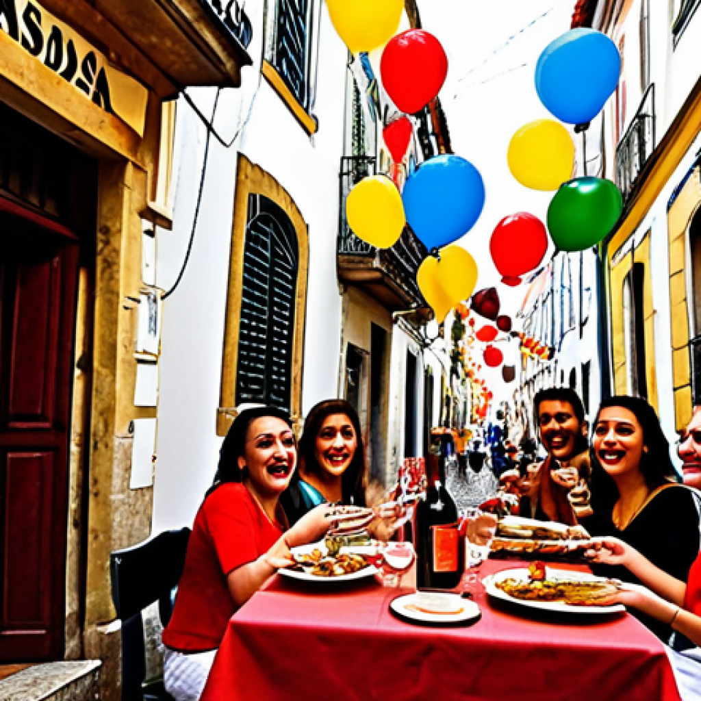 **

A vibrant street scene in Lisbon, Portugal, during the *Festas de Lisboa*. Colorful *balões* (balloons) and *arcos* (arches) decorate the narrow streets. A group of friends are laughing and enjoying *sardinhas assadas* (grilled sardines) and *vinho tinto* (red wine) at a *tasca* (small restaurant) with a *fado* musician playing in the background. The overall mood is festive and joyful. Use a painterly style with warm colors.

**