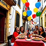 **

A vibrant street scene in Lisbon, Portugal, during the *Festas de Lisboa*. Colorful *balões* (balloons) and *arcos* (arches) decorate the narrow streets. A group of friends are laughing and enjoying *sardinhas assadas* (grilled sardines) and *vinho tinto* (red wine) at a *tasca* (small restaurant) with a *fado* musician playing in the background. The overall mood is festive and joyful. Use a painterly style with warm colors.

**