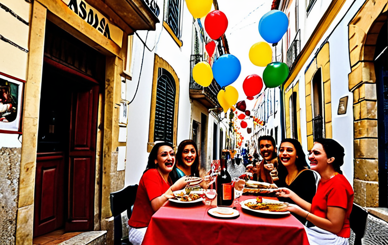 **
A vibrant street scene in Lisbon, Portugal, during the *Festas de Lisboa*. Colorful *balões* (balloons) and *arcos* (arches) decorate the narrow streets. A group of friends are laughing and enjoying *sardinhas assadas* (grilled sardines) and *vinho tinto* (red wine) at a *tasca* (small restaurant) with a *fado* musician playing in the background. The overall mood is festive and joyful. Use a painterly style with warm colors.
**