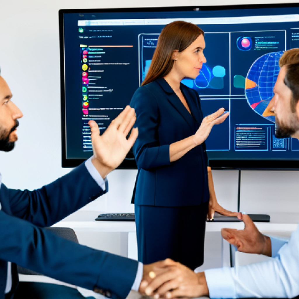 A diverse group of professional adults, male and female, in modest business attire, collaborating in a modern, brightly lit digital collaboration space. They are fully clothed, engaged in respectful discussion around sleek computer monitors displaying abstract strategic data. One individual gestures towards a screen, while others listen attentively. Perfect anatomy, correct proportions, natural pose, well-formed hands, proper finger count. Safe for work, appropriate content, professional, family-friendly.