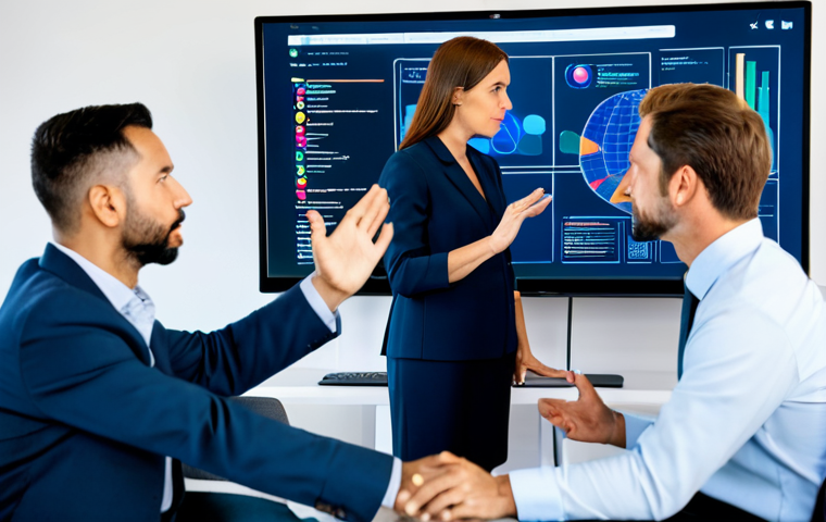 A diverse group of professional adults, male and female, in modest business attire, collaborating in a modern, brightly lit digital collaboration space. They are fully clothed, engaged in respectful discussion around sleek computer monitors displaying abstract strategic data. One individual gestures towards a screen, while others listen attentively. Perfect anatomy, correct proportions, natural pose, well-formed hands, proper finger count. Safe for work, appropriate content, professional, family-friendly.