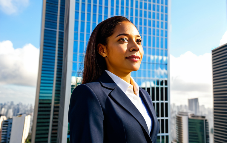 **

A professional businesswoman in a tailored business suit, standing confidently in front of a modern skyscraper in São Paulo, Brazil. The scene is bathed in warm sunlight. She is fully clothed, wearing appropriate attire. Safe for work, perfect anatomy, natural proportions, professional photography, high quality, modest, family-friendly.

**