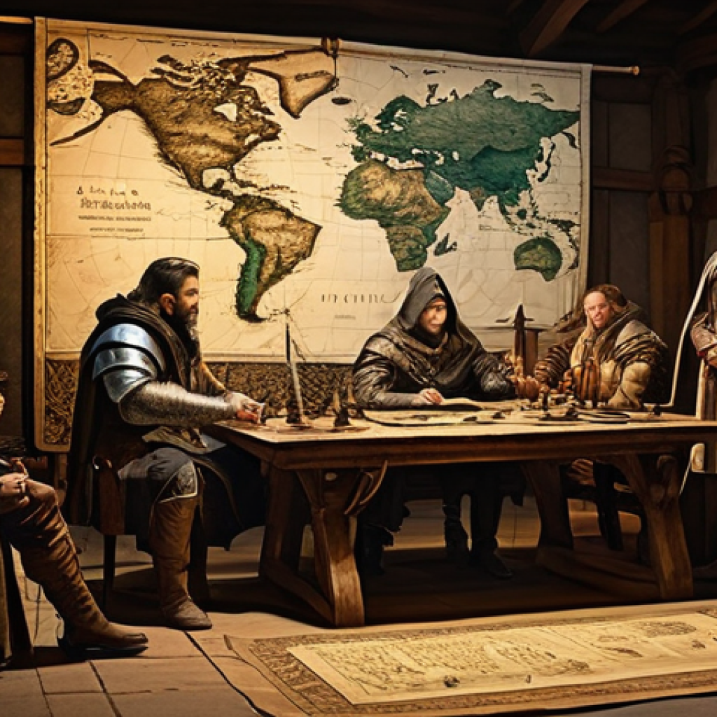 리니지 대규모 전쟁 전략 - **Prompt Title: The Strategists' Chamber**
    A group of diverse fantasy characters, including a he...