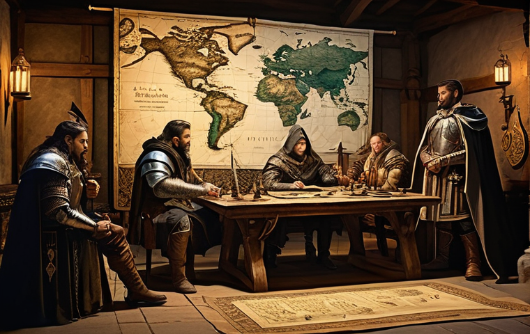 리니지 대규모 전쟁 전략 - **Prompt Title: The Strategists' Chamber**
    A group of diverse fantasy characters, including a he...