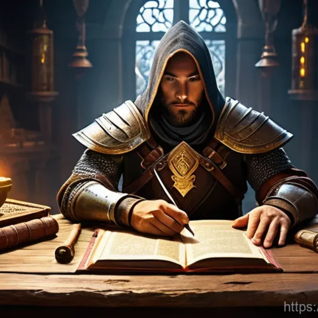 리니지 인챈트 스크롤 사용법 - A focused adventurer, dressed in practical, fantasy-style adventurer's gear, sits at a polished wood...