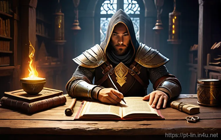 리니지 인챈트 스크롤 사용법 - A focused adventurer, dressed in practical, fantasy-style adventurer's gear, sits at a polished wood...