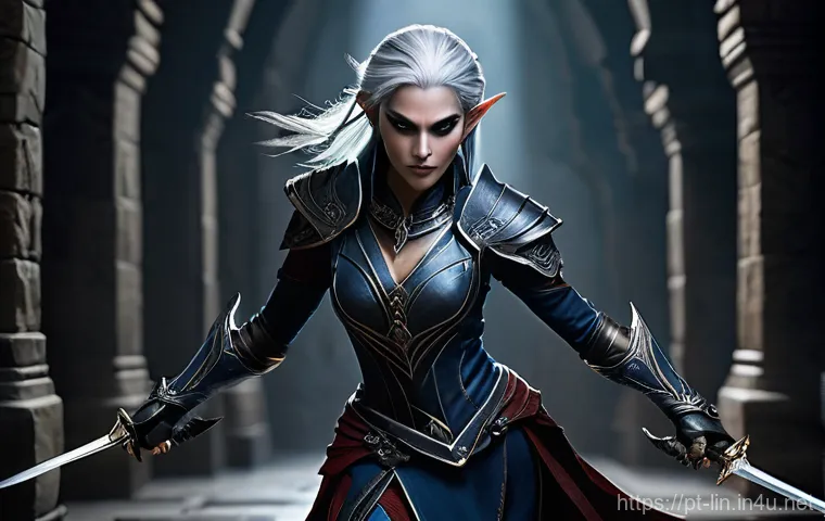 리니지 다크 엘프 클래스 공략 - ### Image Prompt 1: The Shadow Dancer Assassin