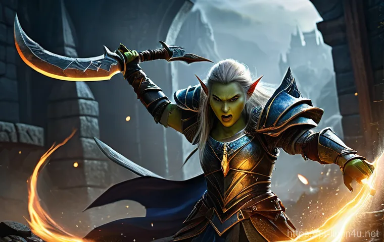 리니지 고급 기술 분석 - **Dynamic Interruption in a Castle Siege:** An epic, high-action scene depicting a female Elven Spel...