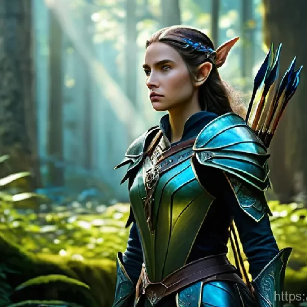 리니지 장비 업그레이드 공략 - **Prompt:** A brave and determined female elf archer, fully clad in practical, modest leather armor ...