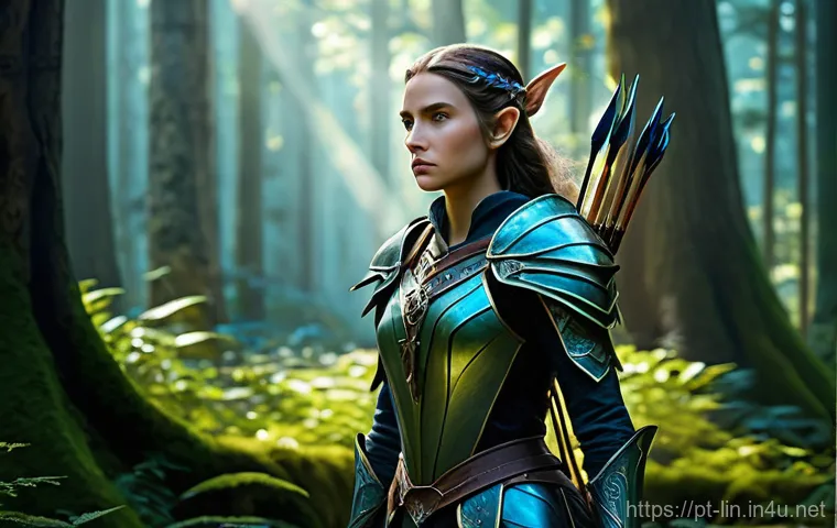 리니지 장비 업그레이드 공략 - **Prompt:** A brave and determined female elf archer, fully clad in practical, modest leather armor ...