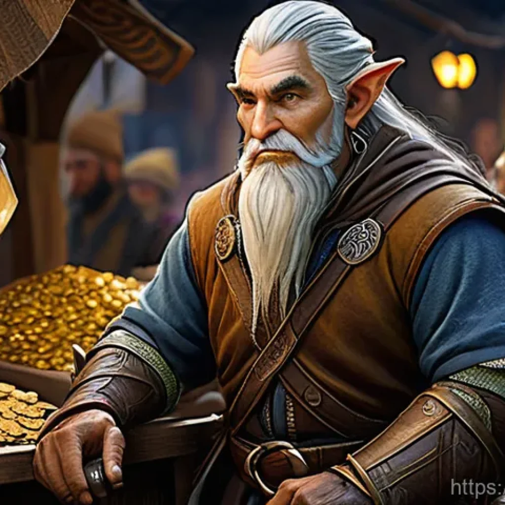 리니지 거래소 이해하기 - **Prompt:** A highly detailed illustration of an experienced, wise-looking male Elf trader in a bust...
