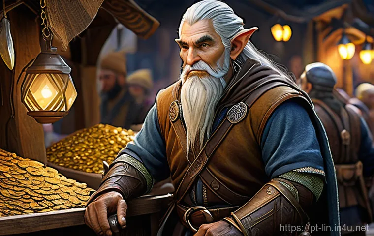 리니지 거래소 이해하기 - **Prompt:** A highly detailed illustration of an experienced, wise-looking male Elf trader in a bust...