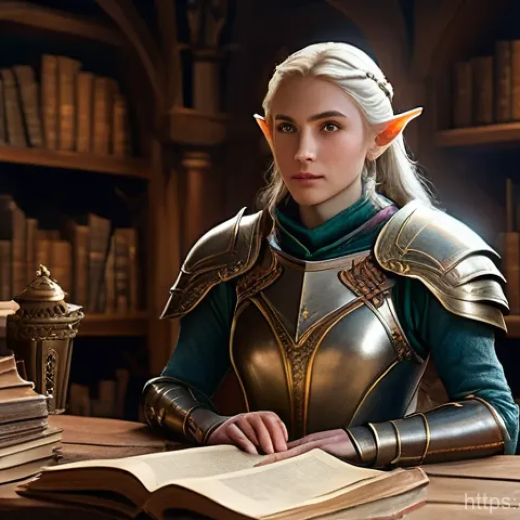 리니지 버려진 유물 활용법 - **Prompt:** "A medium shot of a Lineage-style female elf character, dressed in modest leather armor,...