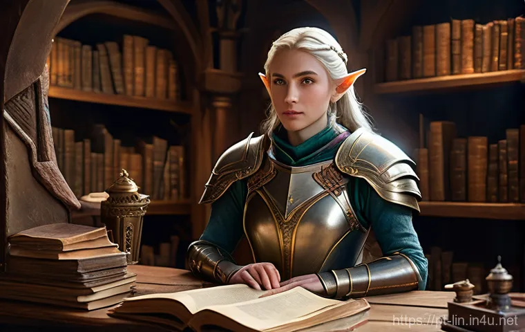 리니지 버려진 유물 활용법 - **Prompt:** "A medium shot of a Lineage-style female elf character, dressed in modest leather armor,...