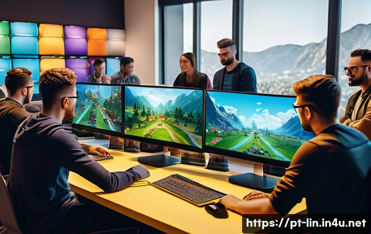 리니지 팬 사이트 추천 - A vibrant online gaming community forum scene, showing diverse players interacting on computers and ...