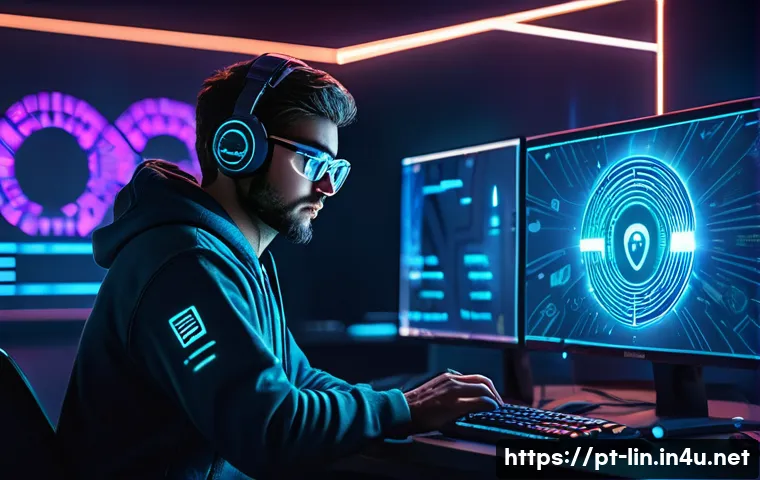 리니지 자동 플레이 위험성 - A detailed digital artwork depicting a gamer cautiously protecting their online Lineage account, sur...