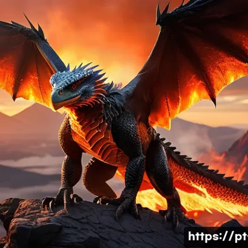 리니지 희귀 펫 정보 - A majestic "Flaming Drake" pet soaring above a volcanic landscape at sunset, its scales glowing with...