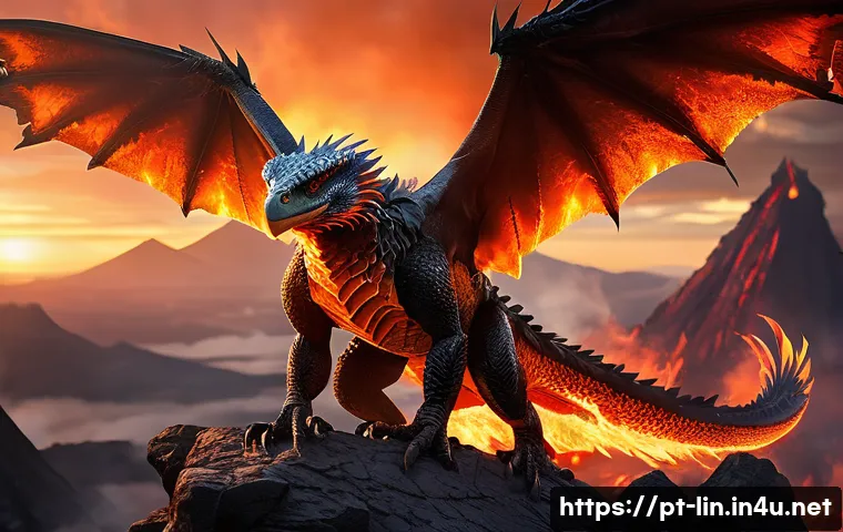 리니지 희귀 펫 정보 - A majestic "Flaming Drake" pet soaring above a volcanic landscape at sunset, its scales glowing with...