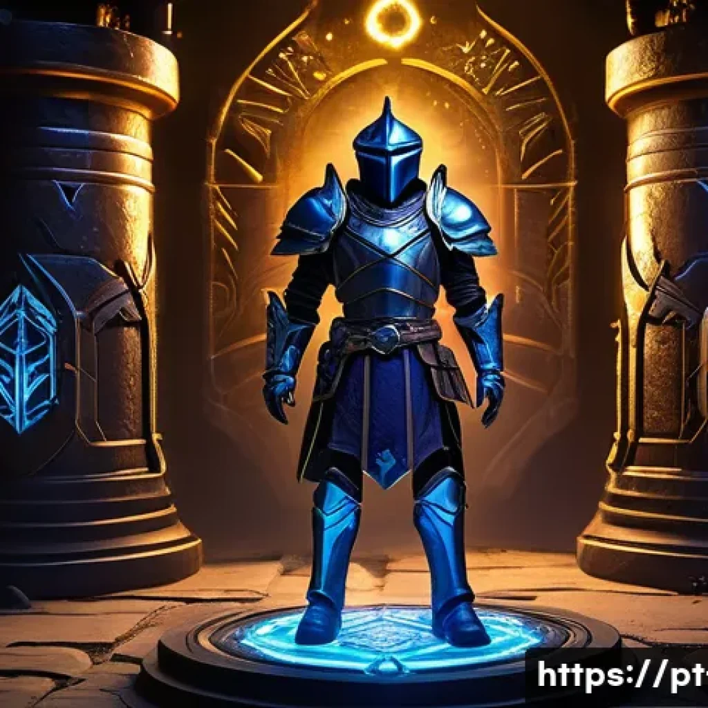 리니지 희귀 장비 가치 평가 - A highly detailed fantasy RPG scene showcasing a legendary armor set displayed on a sturdy mannequin...