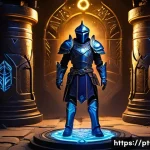 리니지 희귀 장비 가치 평가 - A highly detailed fantasy RPG scene showcasing a legendary armor set displayed on a sturdy mannequin...