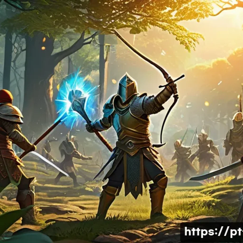 리니지 초보자 가이드 - A dynamic fantasy battle scene featuring a diverse group of adventurers in a lush forest clearing: a...