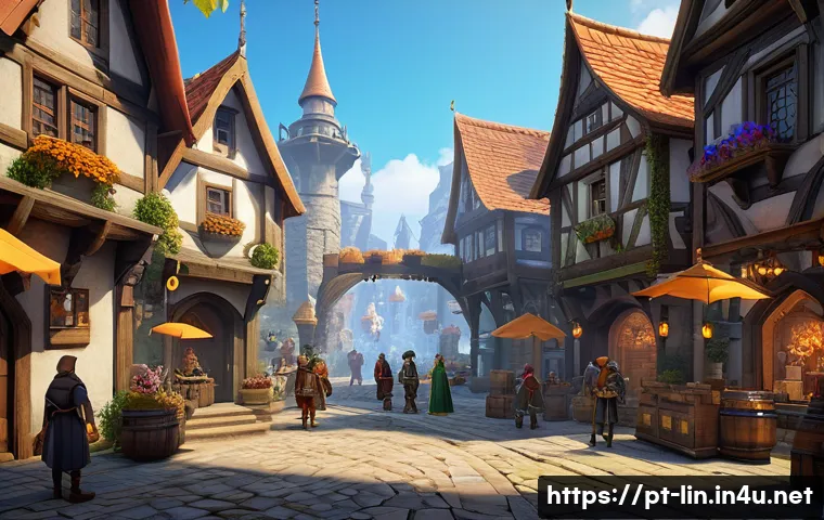리니지 서버 트렌드와 인기 - A vibrant and detailed fantasy MMORPG server hub scene showcasing advanced customization features: d...