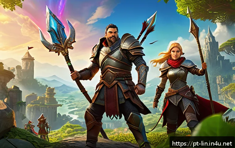 리니지 무료 다이아 주는 팁 - A detailed fantasy game scene showing a group of diverse adventurers completing daily quests in a vi...