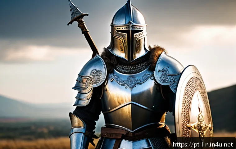 리니지 신성검사 클래스 분석 - A noble Paladin clad in heavy, intricately detailed armor with balanced magical and physical resista...