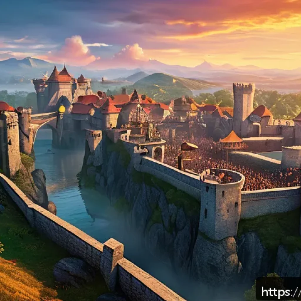 리니지 클랜 시스템 사용법 - A dynamic and immersive fantasy MMORPG clan war scene set in a sprawling medieval fortress at dusk, ...