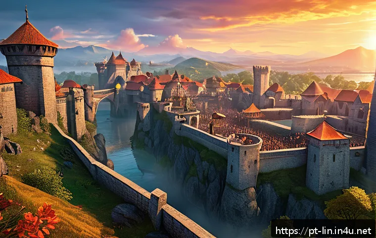 리니지 클랜 시스템 사용법 - A dynamic and immersive fantasy MMORPG clan war scene set in a sprawling medieval fortress at dusk, ...