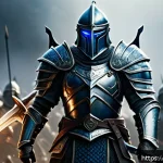 리니지 전투 능력치 계산 - A heroic fantasy warrior standing confidently on a battlefield, clad in detailed medieval armor with...