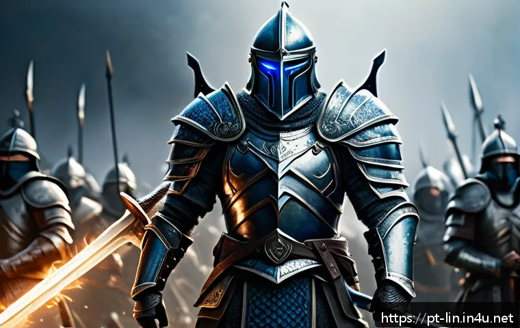 리니지 전투 능력치 계산 - A heroic fantasy warrior standing confidently on a battlefield, clad in detailed medieval armor with...