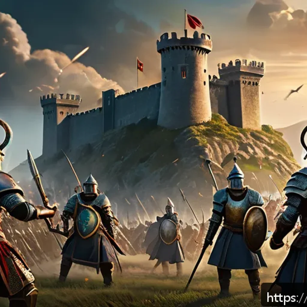 리니지 혈맹 특수 보너스 - A dynamic fantasy battle scene featuring a coordinated clan defending a massive ancient castle fortr...