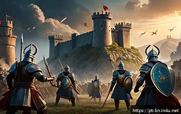 리니지 혈맹 특수 보너스 - A dynamic fantasy battle scene featuring a coordinated clan defending a massive ancient castle fortr...