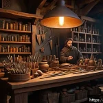 리니지 크래프팅 활용법 - A detailed fantasy scene depicting a skilled crafter’s workshop inspired by Lineage, with enchanted ...