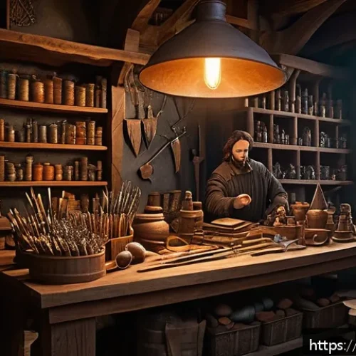 리니지 크래프팅 활용법 - A detailed fantasy scene depicting a skilled crafter’s workshop inspired by Lineage, with enchanted ...