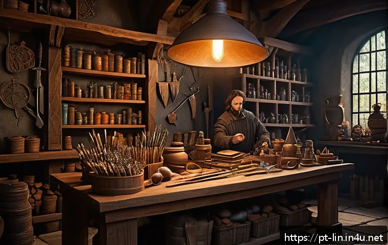 리니지 크래프팅 활용법 - A detailed fantasy scene depicting a skilled crafter’s workshop inspired by Lineage, with enchanted ...