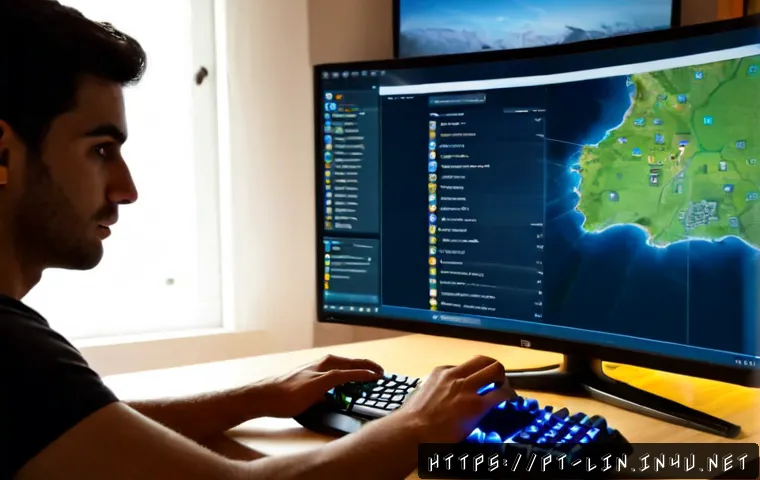 Home 17 리니지 UI 커스터마이징 - Photorealistic over-the-shoulder view of a Portuguese-speaking adult gamer at a clean home desk in L...