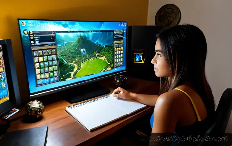 Home 30 리니지 신규 컨텐츠 분석 - Photorealistic Brazilian gaming analyst at a clean home office desk in São Paulo, studying a fantasy...