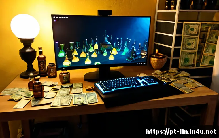 Home 17 리니지 버프 아이템 추천 - Photorealistic gaming desk scene in a Brazilian apartment at evening, focused on a desktop monitor s...