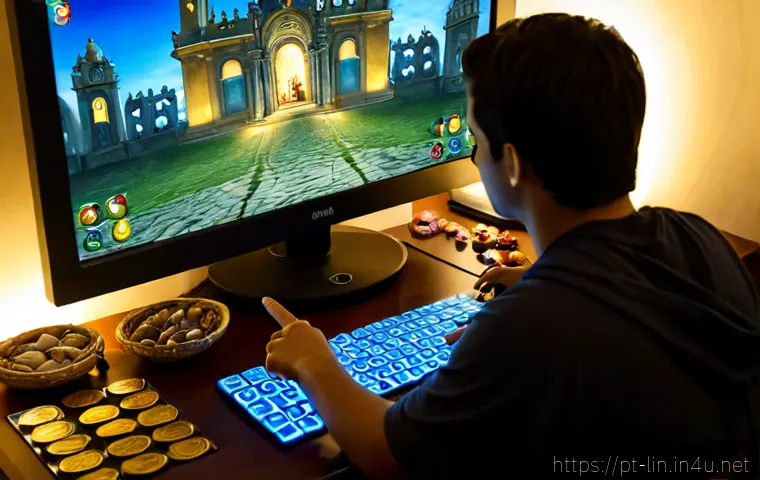Home 17 리니지 이벤트 보상 설명 - Photorealistic scene of a Portuguese gamer at a clean home desk in Lisbon, viewing a fantasy MMORPG ...
